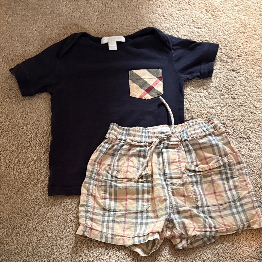 Burberry Navy T-Shirt and Plaid Shorts Set